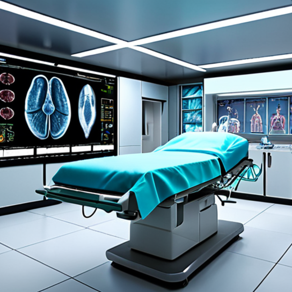 "A futuristic hospital operating room, showcasing AI-powered diagnostic tools analyzing medical images with incredible precision, assisting doctors in early disease detection. Emphasize the blend of advanced technology and human expertise."