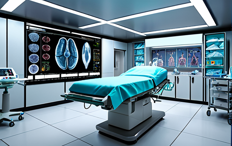 "A futuristic hospital operating room, showcasing AI-powered diagnostic tools analyzing medical images with incredible precision, assisting doctors in early disease detection. Emphasize the blend of advanced technology and human expertise."