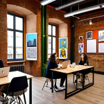 **

A vibrant, modern co-working space in Milan. Diverse group of young professionals collaborate on laptops surrounded by colorful artwork and exposed brick. Large windows overlook a bustling cityscape with trams and cyclists. The scene captures a sense of energy, creativity, and innovation. Focus on the blend of modern tech and artistic flair, highlighting the "Made in Italy" design aesthetic.

**
