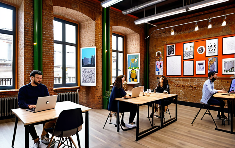 **

A vibrant, modern co-working space in Milan. Diverse group of young professionals collaborate on laptops surrounded by colorful artwork and exposed brick. Large windows overlook a bustling cityscape with trams and cyclists. The scene captures a sense of energy, creativity, and innovation. Focus on the blend of modern tech and artistic flair, highlighting the "Made in Italy" design aesthetic.

**