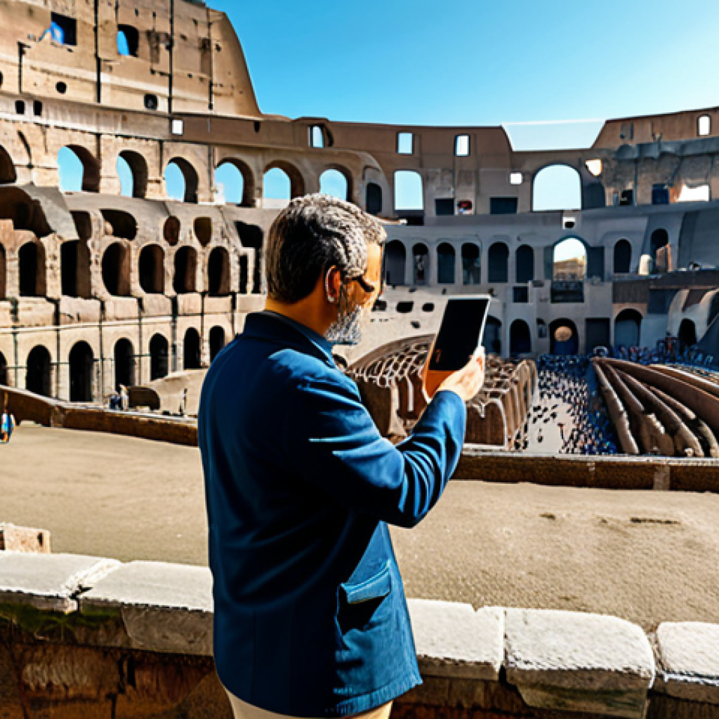 Augmented Reality Tour of the Colosseum**

"A tourist, fully clothed in appropriate attire, stands in front of the Colosseum in Rome, holding a smartphone displaying a virtual reconstruction of the ancient arena, safe for work, appropriate content, perfect anatomy, correct proportions, natural pose, professional photography, family-friendly, digital overlay, realistic details, clear image, archaeological site, daytime scene, sunny weather, modest clothing."

**