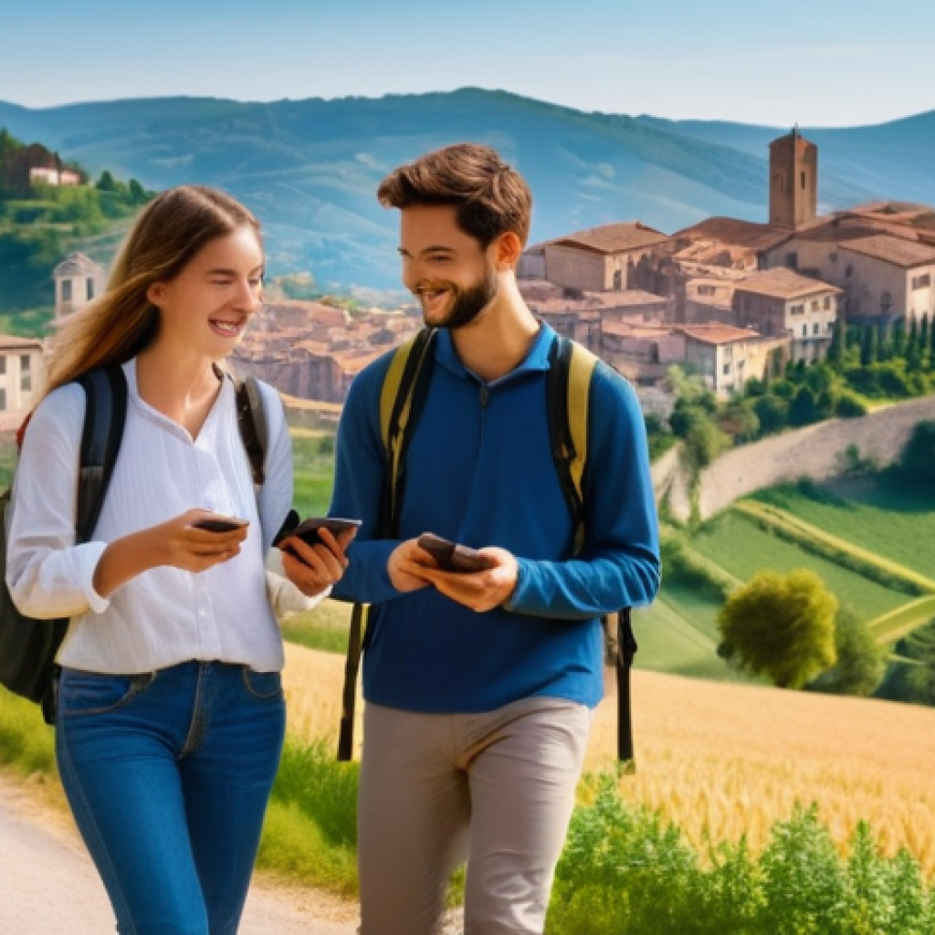 기술 발전 여행의 에코 투어리즘 - **Prompt 1: "A young, diverse couple, casually dressed in stylish hiking attire and wearing comforta...