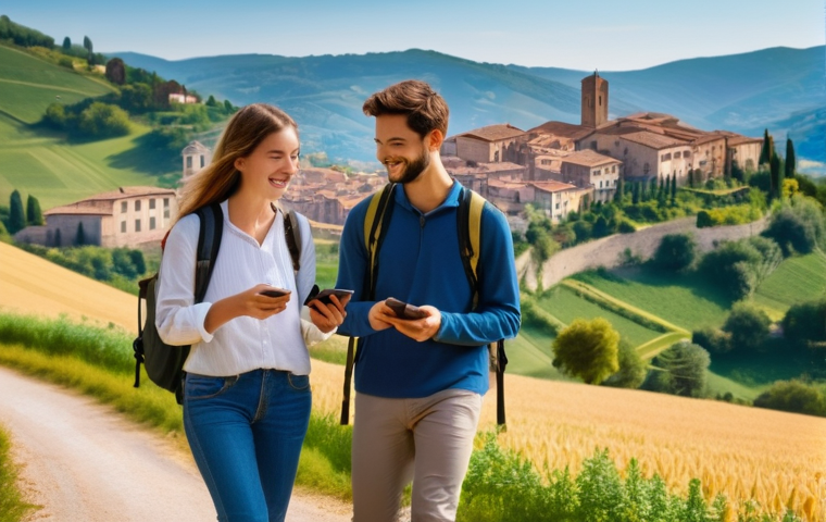 기술 발전 여행의 에코 투어리즘 - **Prompt 1: "A young, diverse couple, casually dressed in stylish hiking attire and wearing comforta...