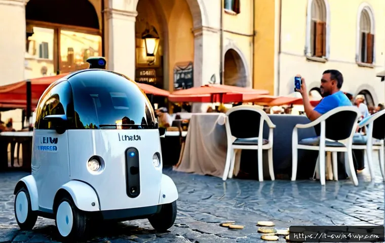 Home 13 기술 발전 여행에서의 문화 충격 - Photorealistic travel scene in a historic Italian piazza at golden hour, an Italian middle-aged trav...
