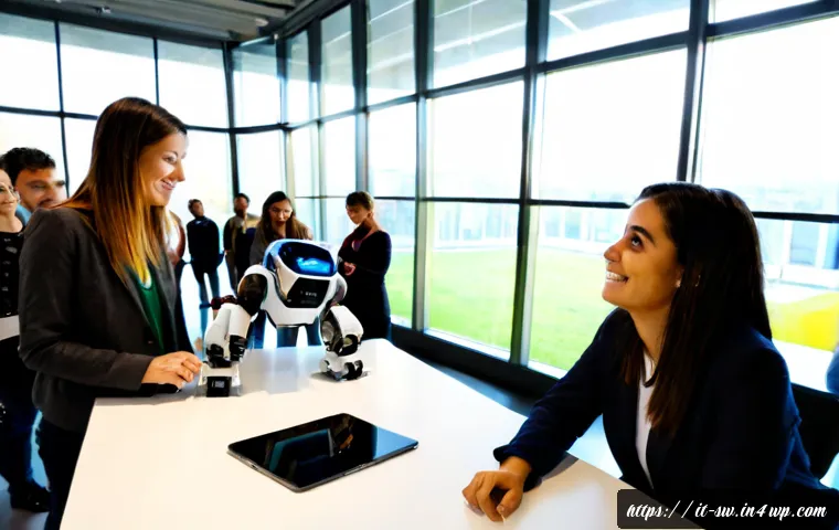 기술 기업의 문화 체험 여행 - Photorealistic travel experience inside a contemporary Italian technology campus in Milan, diverse a...