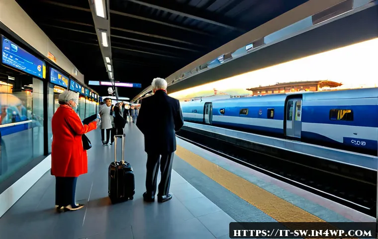 기술 발전 여행의 의의 - Photorealistic wide-angle scene of an Italian senior couple using a smartphone travel app beside a h...